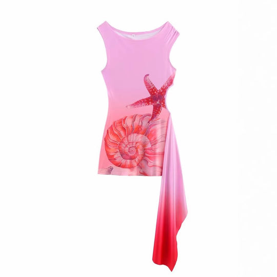Damen ärmelloses Strandkleid mit maritimen Motiven und asymmetrischem Saum EB