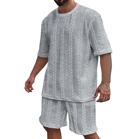 Herren nan entspanntes Zopfstrick-Freizeitset mit weitem Kurzarmshirt und elastischer Bermuda EB