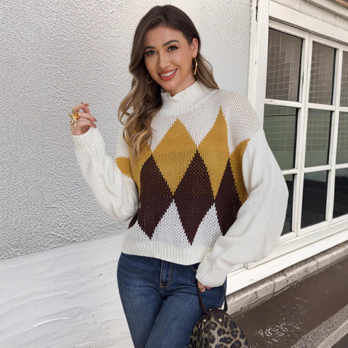 Damen modischer Strickpullover mit geometrischem Muster und hohem Kragen EB