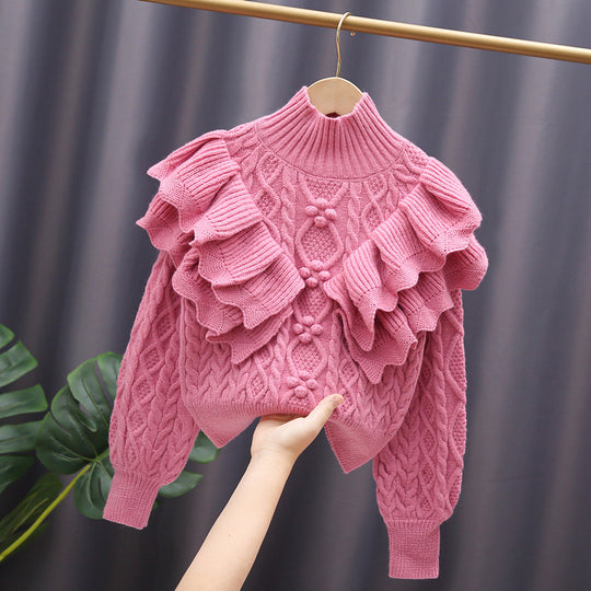 Damen Strickpullover mit Rüschen und Zopfmuster EB
