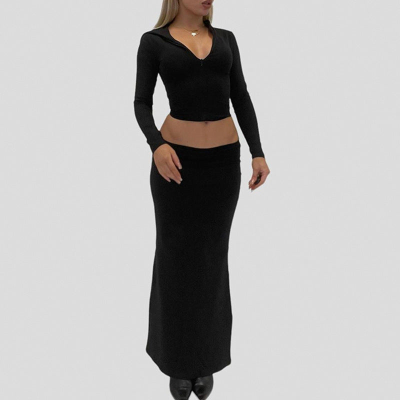 Damen Langarm Maxikleid mit elegantem Reißverschluss-Ausschnitt und figurbetontem Schnitt EB