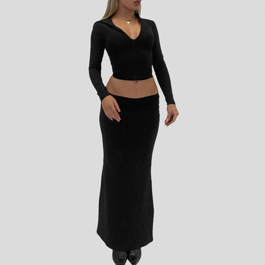 Damen Langarm Maxikleid mit elegantem Reißverschluss-Ausschnitt und figurbetontem Schnitt EB