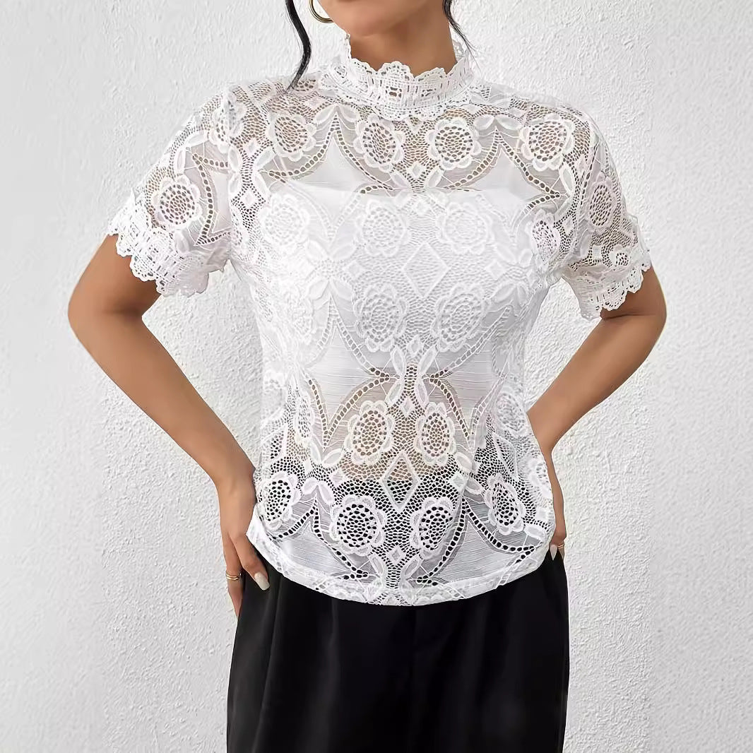 Damen nan semi-transparentes Spitzen-Top mit hohem Rüschenkragen und blickdichter Brustpartie EB