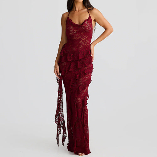 Damen verführerisches Spitzenkleid mit asymmetrischem Saum und Rüschendetails EB
