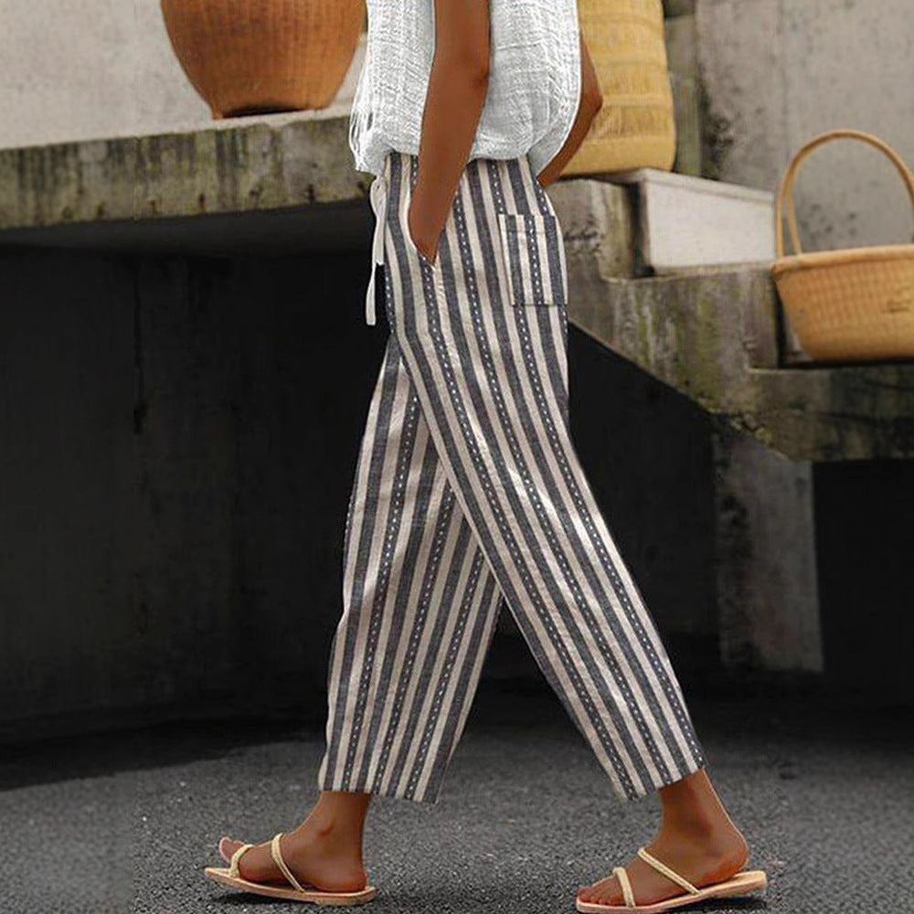 Damen Weite Leinenhose mit handgewebtem Muster EB
