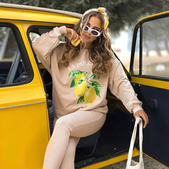 Damen nan Oversize Sweatshirt mit taillierten Rib-Leggings Set EB