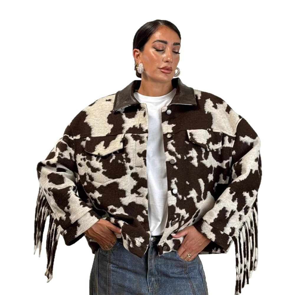 Damen Oversized Fransenjacke mit Kuhmuster EB
