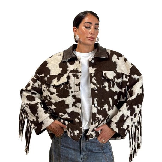 Damen Oversized Fransenjacke mit Kuhmuster EB