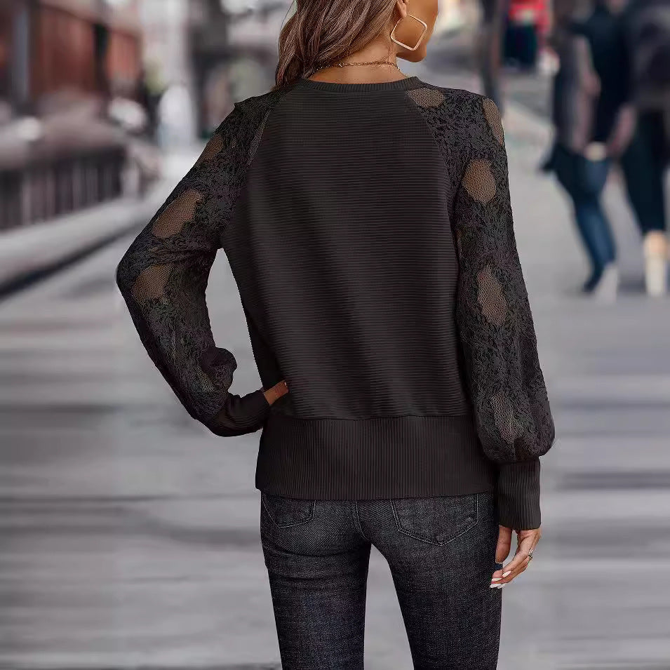 Damen Elegantes V-Ausschnitt Oberteil mit transparenter Spitze und voluminösen Ärmeln EB