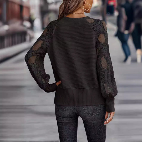 Damen Elegantes V-Ausschnitt Oberteil mit transparenter Spitze und voluminösen Ärmeln EB