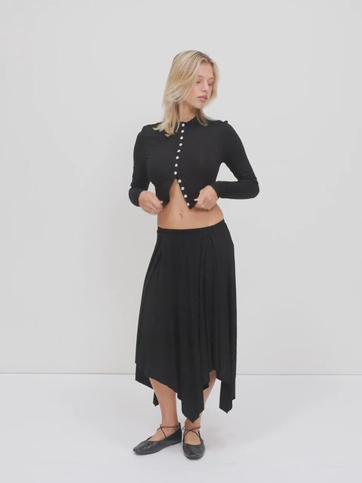 Damen Cropped-Cardigan mit Perlmuttknöpfen und asymmetrischem Zipfel-Midirock EB
