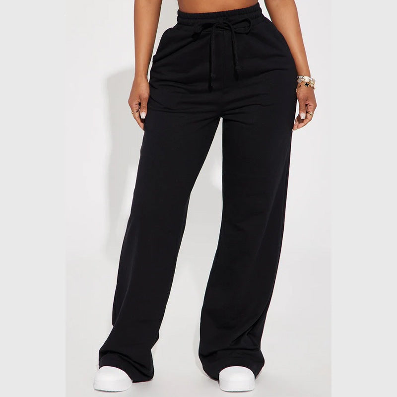 Damen nan breite High-Waist Loungehose aus weichem Baumwollmix mit Kordelzug und Eingrifftaschen EB