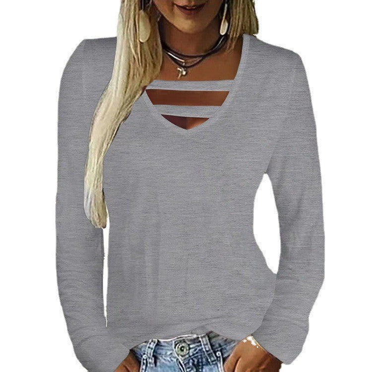 Damen Figurumspielendes V‑Ausschnitt‑Longsleeve mit dekorativen Dekolleté‑Bändern EB