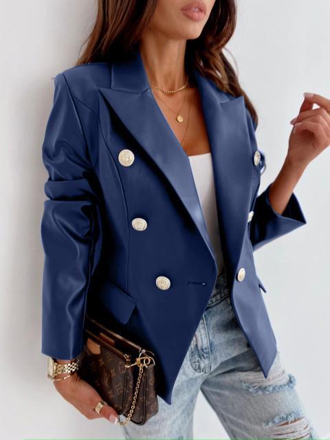 Damen eleganter Kunstleder Blazer mit doppelter Knopfleiste EB