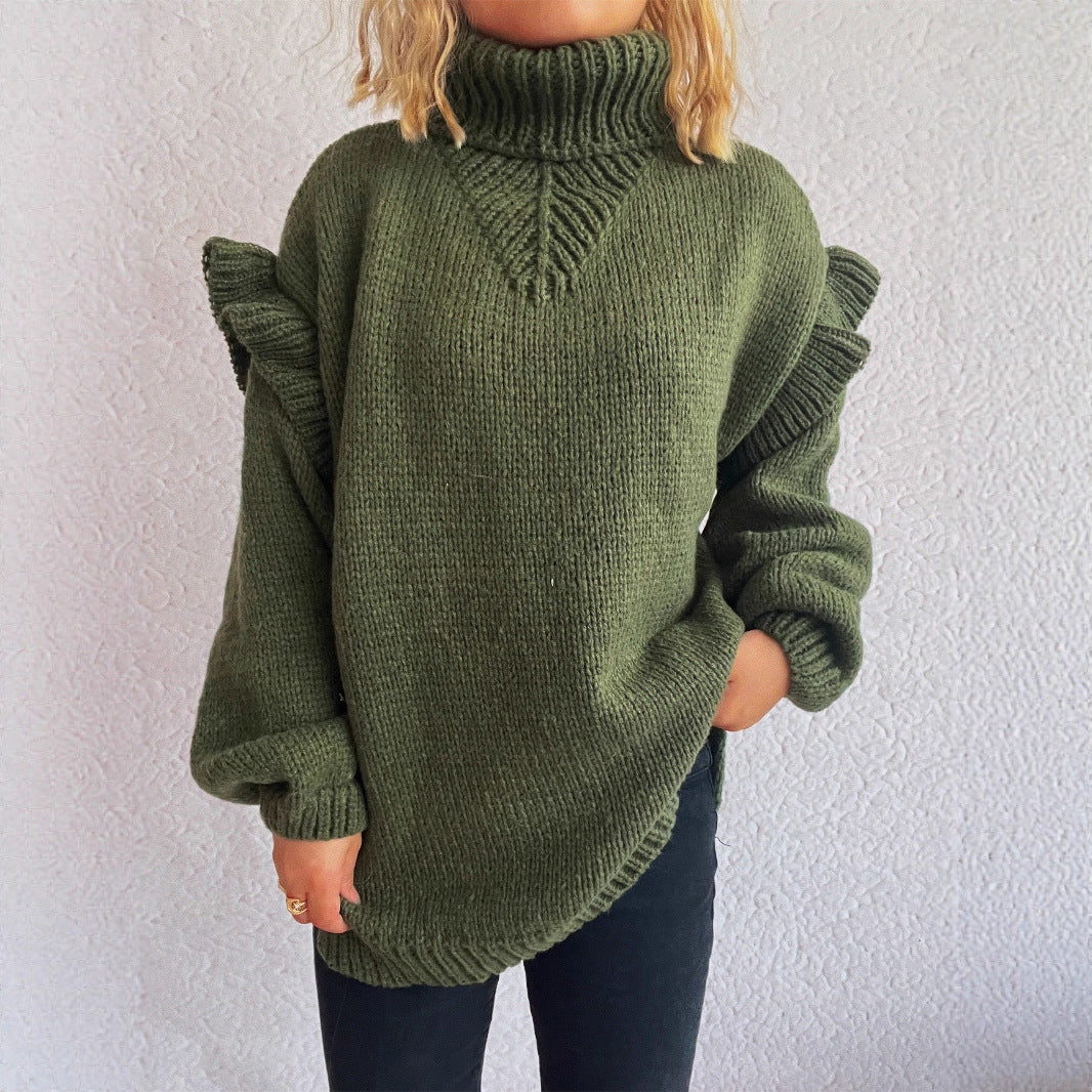 Damen kuscheliger Strickpullover mit Rüschenärmeln und hohem Kragen EB