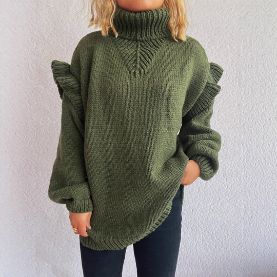 Damen kuscheliger Strickpullover mit Rüschenärmeln und hohem Kragen EB