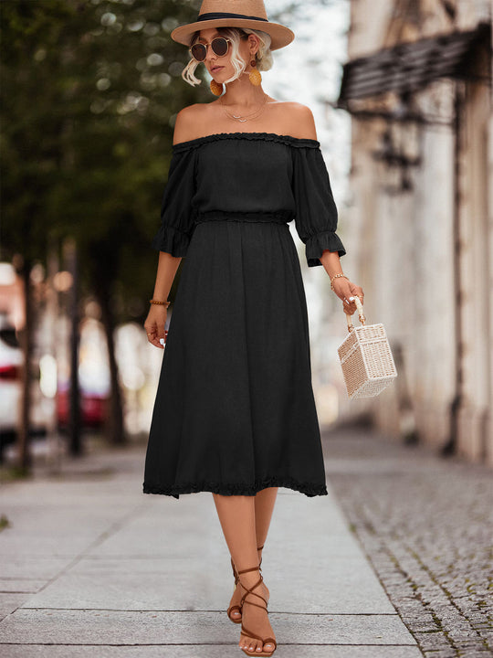 Damen Off-Shoulder Maxikleid mit elastischem Tailleneinsatz und Rüschendetails EB