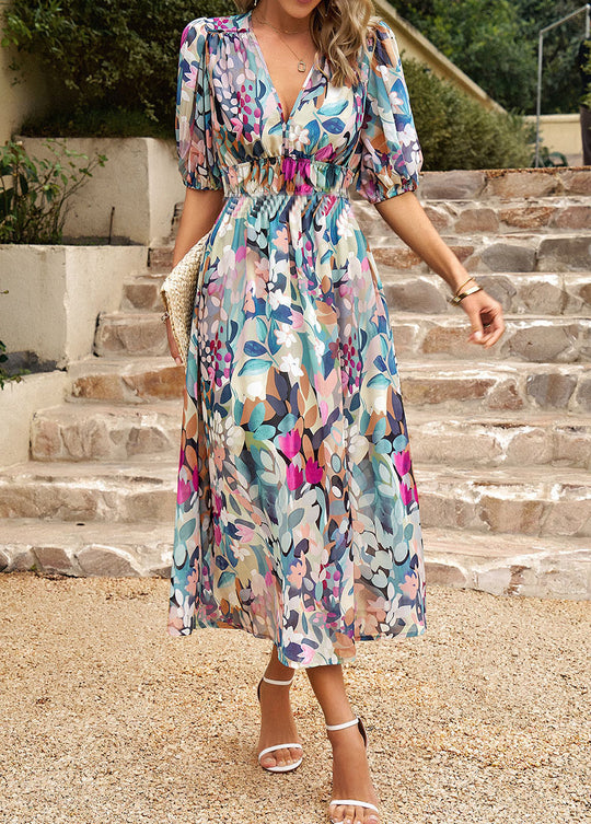 Damen Maxikleid mit Blumenmuster und eleganten Puffärmeln EB