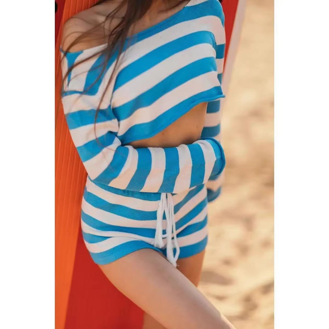 Damen lässiges Strand-Set mit cropped Pullover und kurzen Hosen EB