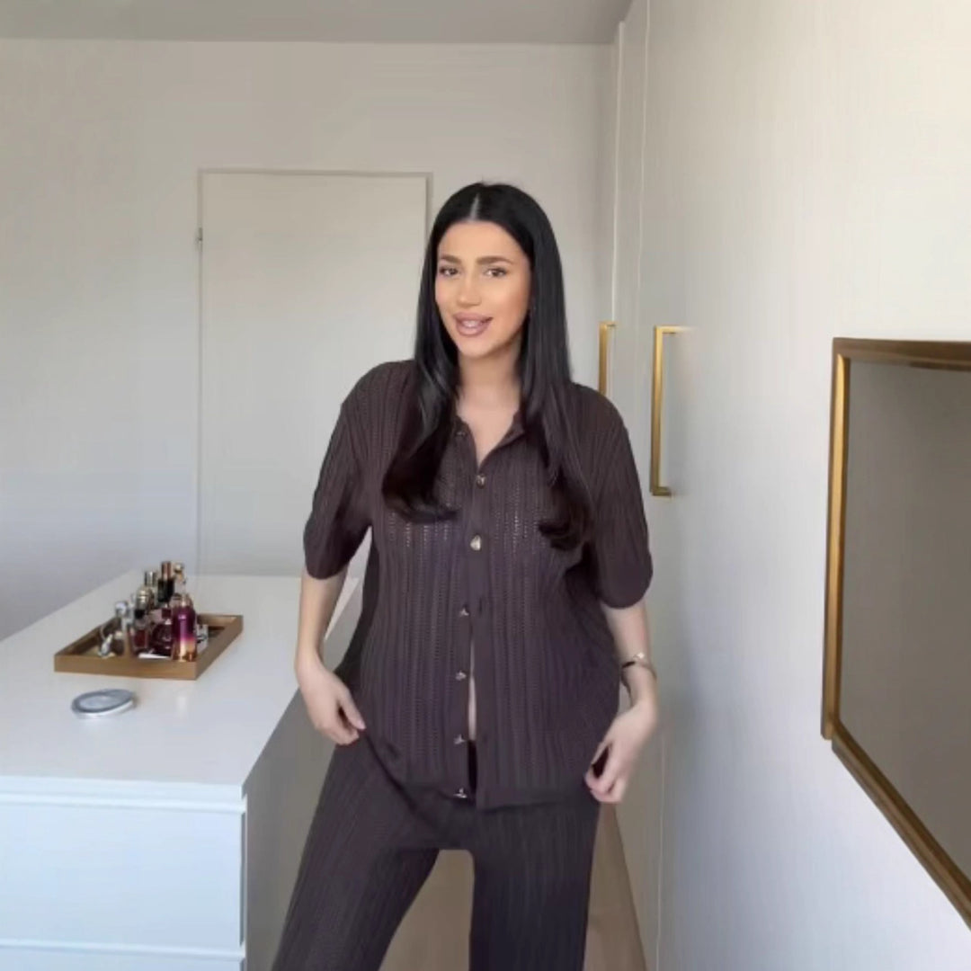 Damen Weite Strickpalazzo-Hose mit Elastischem Bund und Eleganter Struktur EB
