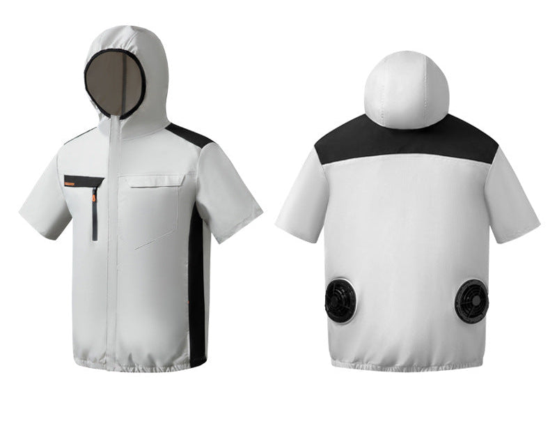 Unisex nan belüftete Kurzarm-Kapuzenjacke mit integrierten Rücklüftern, USB-Anschluss und elastischem Saum R&B