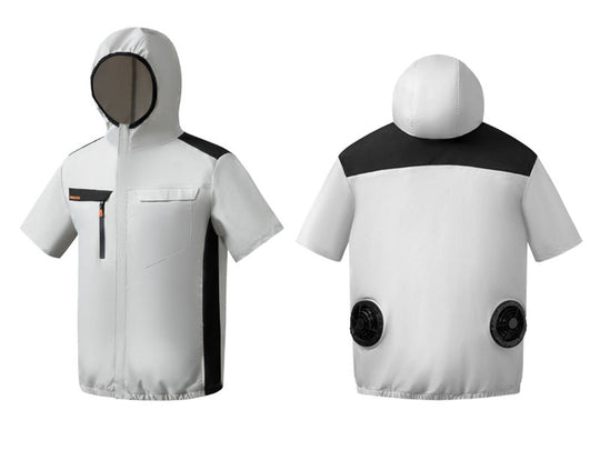 Unisex nan belüftete Kurzarm-Kapuzenjacke mit integrierten Rücklüftern, USB-Anschluss und elastischem Saum R&B