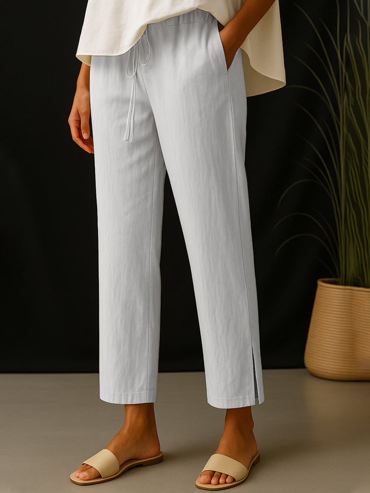 Damen Casual-Chino Leinenoptik Culotte mit elastischem Tunnelzugbund und Eingrifftaschen EB
