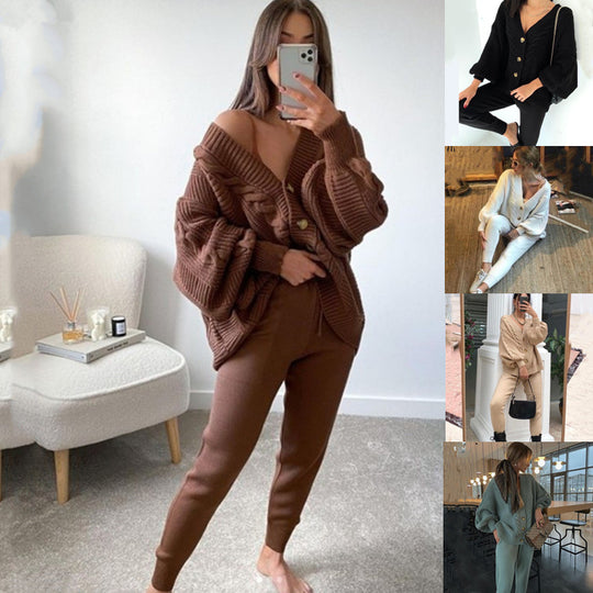 Damen Grobstrickjacke mit V-Ausschnitt und Knöpfen EB
