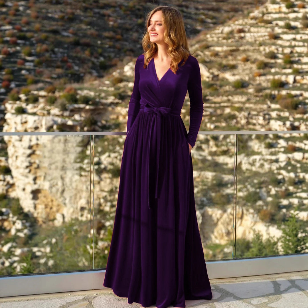Damen nan elegantes Wickelmaxikleid aus Samt mit V-Ausschnitt, Taillengürtel und seitlichen Eingrifftaschen EB