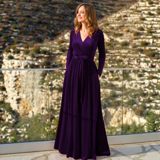 Damen nan elegantes Wickelmaxikleid aus Samt mit V-Ausschnitt, Taillengürtel und seitlichen Eingrifftaschen EB