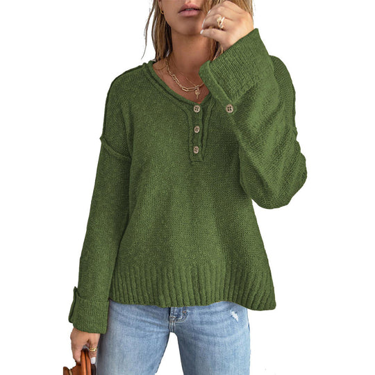 Damen lässiger Strickpullover mit Knopfleiste und weitem Schnitt EB