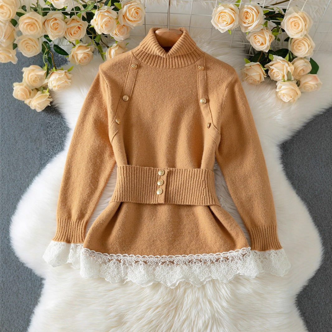 Damen eleganter Strickpullover mit hochgeschlossenem Kragen und dekorativen Knopfdetails EB