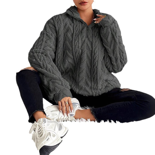 Damen Flauschiger Oversized-Pullover mit Zipper und Rippstruktur EB