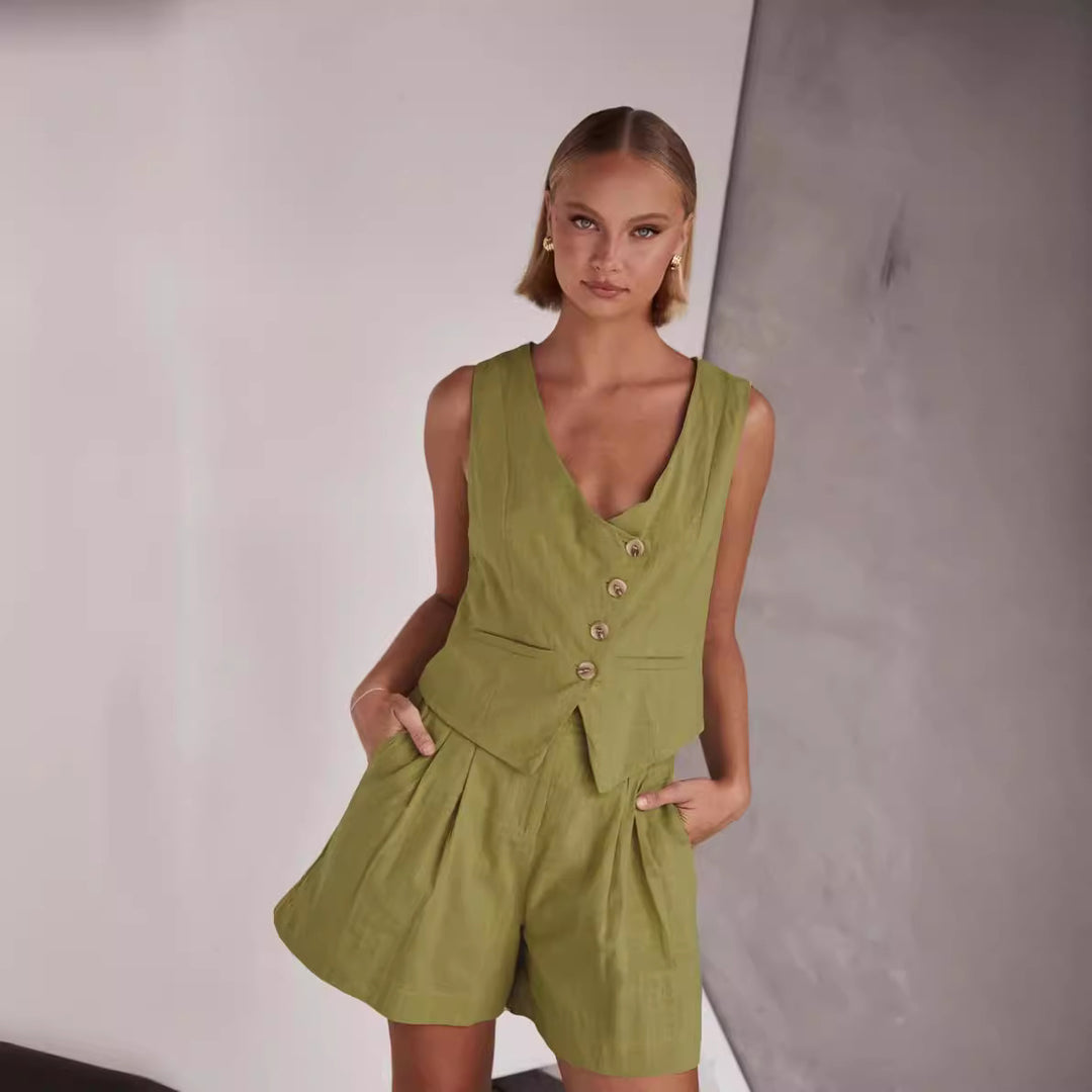 Damen Lässiger Zweiteiler mit Kurzarm-Bluse und Shorts EB