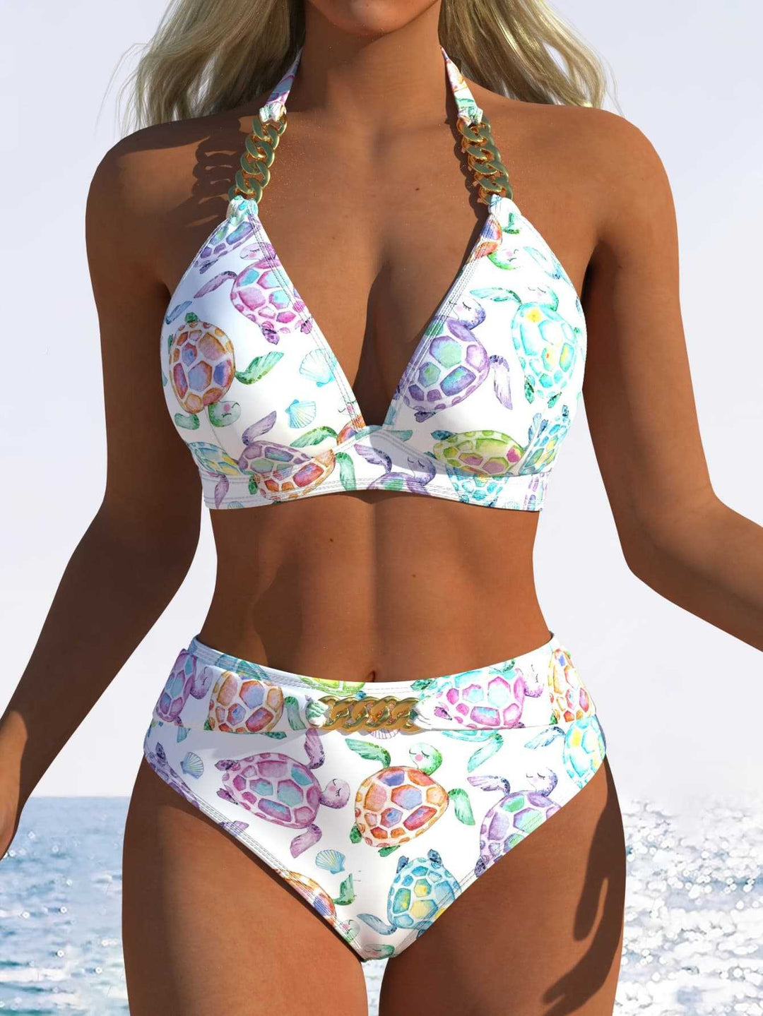 Damen Triangel-Bikini mit verstellbaren Bindebändern und modischem Wellenmuster EB