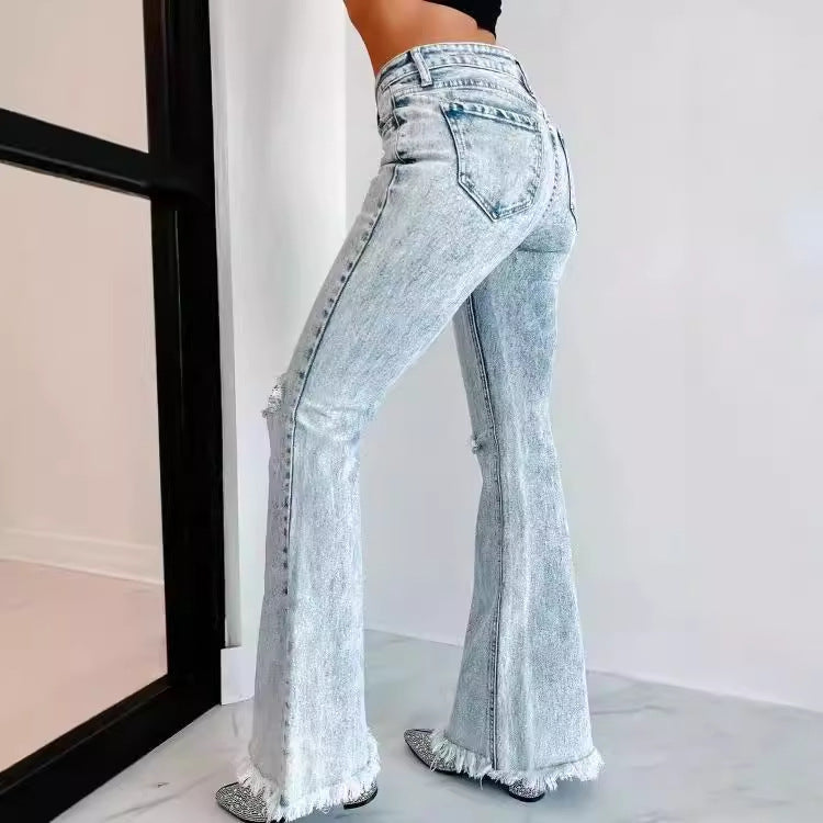 Damen Flared Jeans mit modischen Fransen und Rissen EB