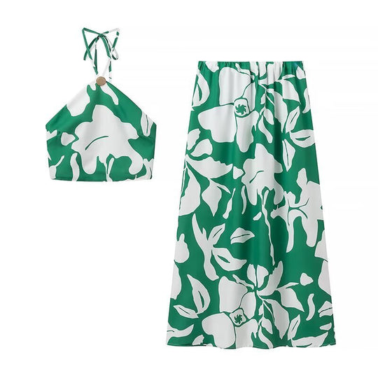 Damen Set aus Crop-Top und Maxiröcken mit floralem Design EB