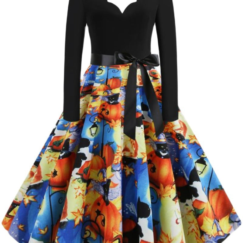 Damen Retro Swingkleid mit gewelltem Ausschnitt, langen Ärmeln und Halloween-Print Tellerrock EB