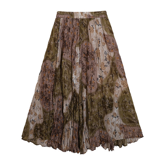 Damen  fein gefalteter Midirock mit Vintage Blumenprint und elastischem Taillenbund EB