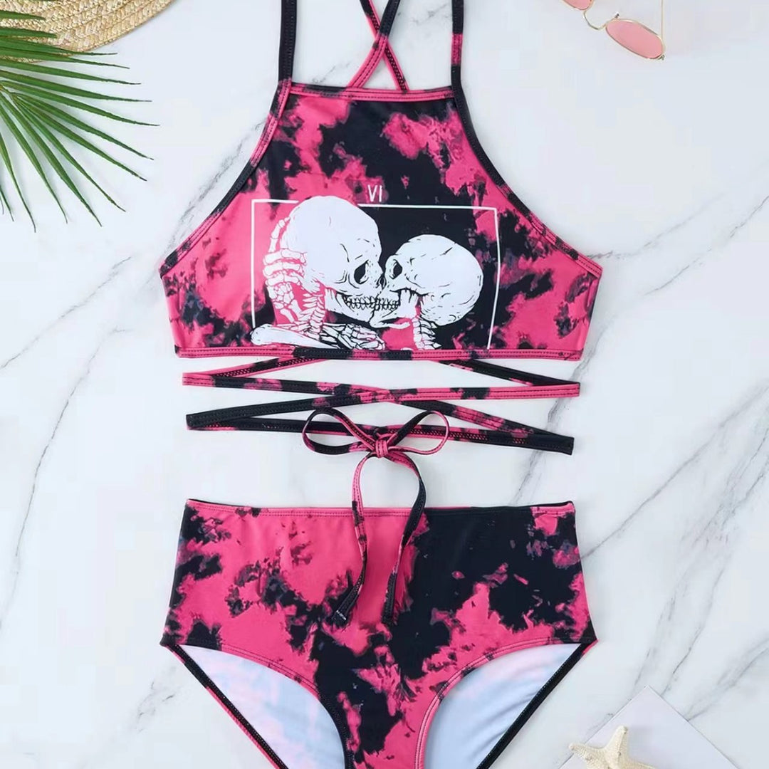 Damen Hochgeschnittener Bikini mit kreativem Muster EB
