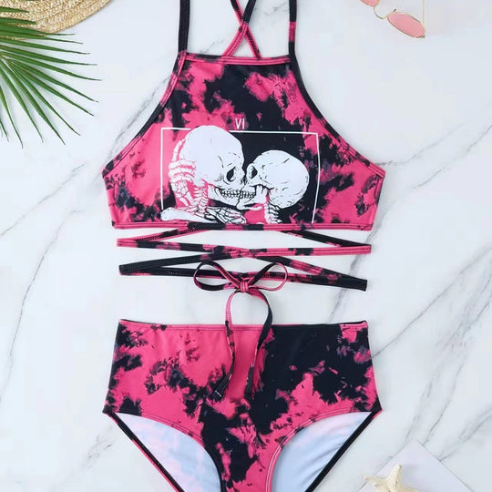 Damen Hochgeschnittener Bikini mit kreativem Muster EB