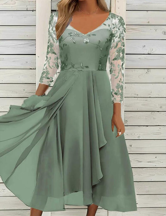 Damen Abendkleid mit floralen Spitzenärmeln und asymmetrischem Schnitt Heidi-Mode