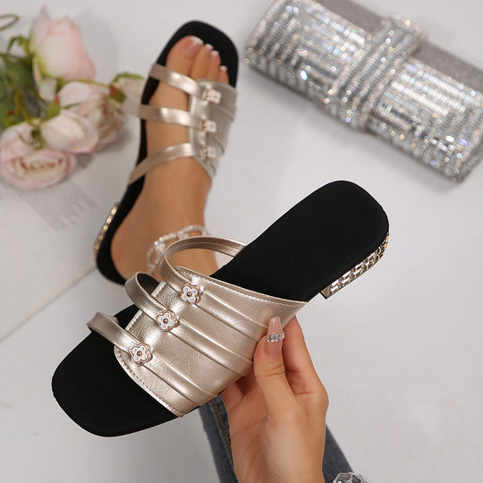 Damen elegante Riemchensandalen mit dekorativen Blüten EB
