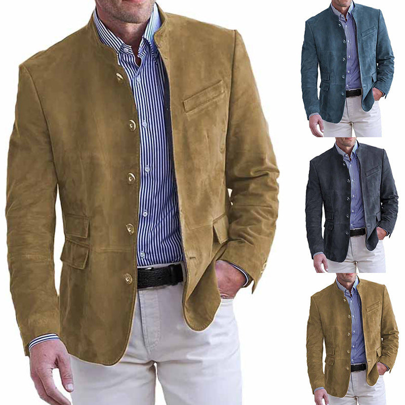 Herren Veloursleder Blazer mit Stehkragen und Pattentaschen EB