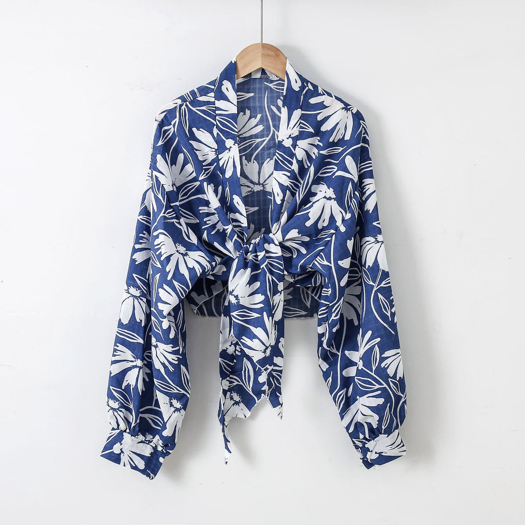 Damen nan florale Knoten-Bluse im Wickelstil mit Ballonärmeln und leichter Leinenoptik EB