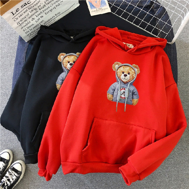 Unisex nan lässiger Oversize Kapuzenpullover mit Teddy-Frontprint, Kängurutasche und weichem Fleece-Innenfutter EB