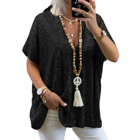 Damen Funkelndes Oberteil mit Elegantem V-Ausschnitt und Leichtem Schnitt EB
