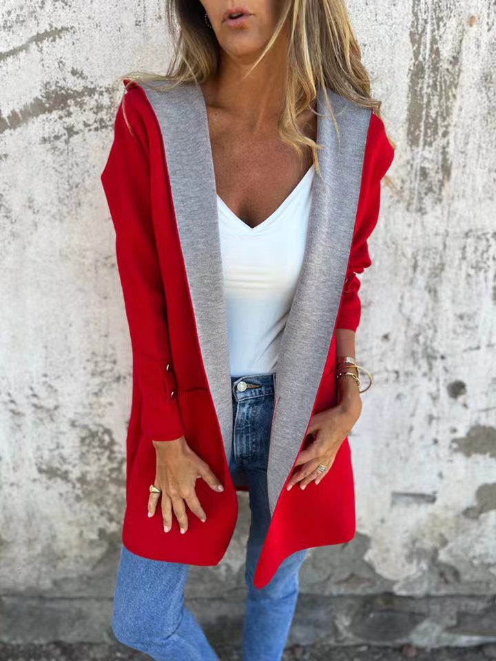 Damen modische Longjacke mit großzügiger Kapuze und praktischen Taschen EB