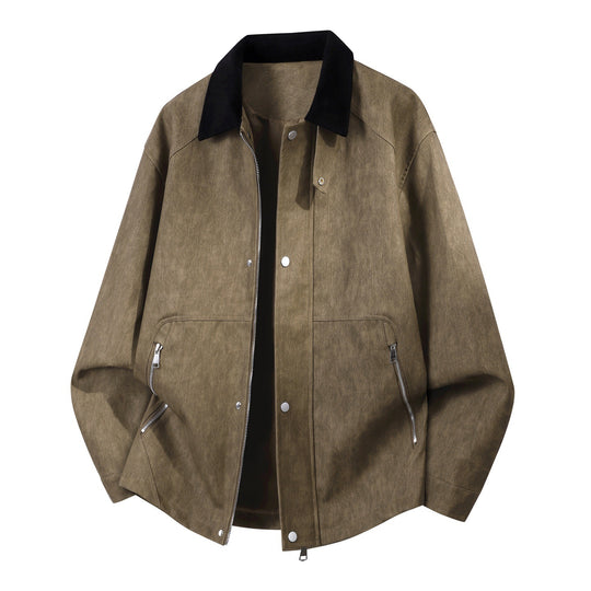 Herren Oversized Lederimitat-Harringtonjacke mit Cordkragen und verdecktem Zwei-Wege-Reißverschluss EB