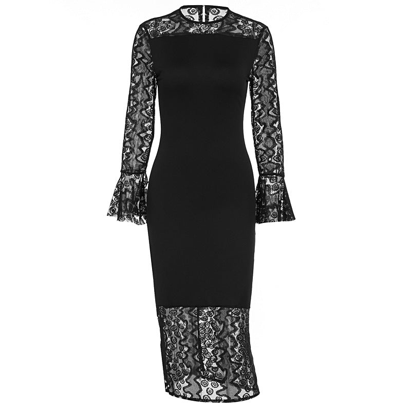 Damen elegantes Spitzenkleid mit weitem Arm und fließendem Saum EB